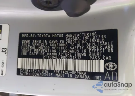 2013 Toyota Corolla Le from USA, damaged, VIN 2T1BU4EE9DC031512